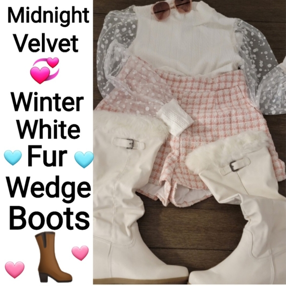Midnight Velvet Winter White Leather Fur Hidden Wedge Women's Boots Size 11 - Picture 2 of 16